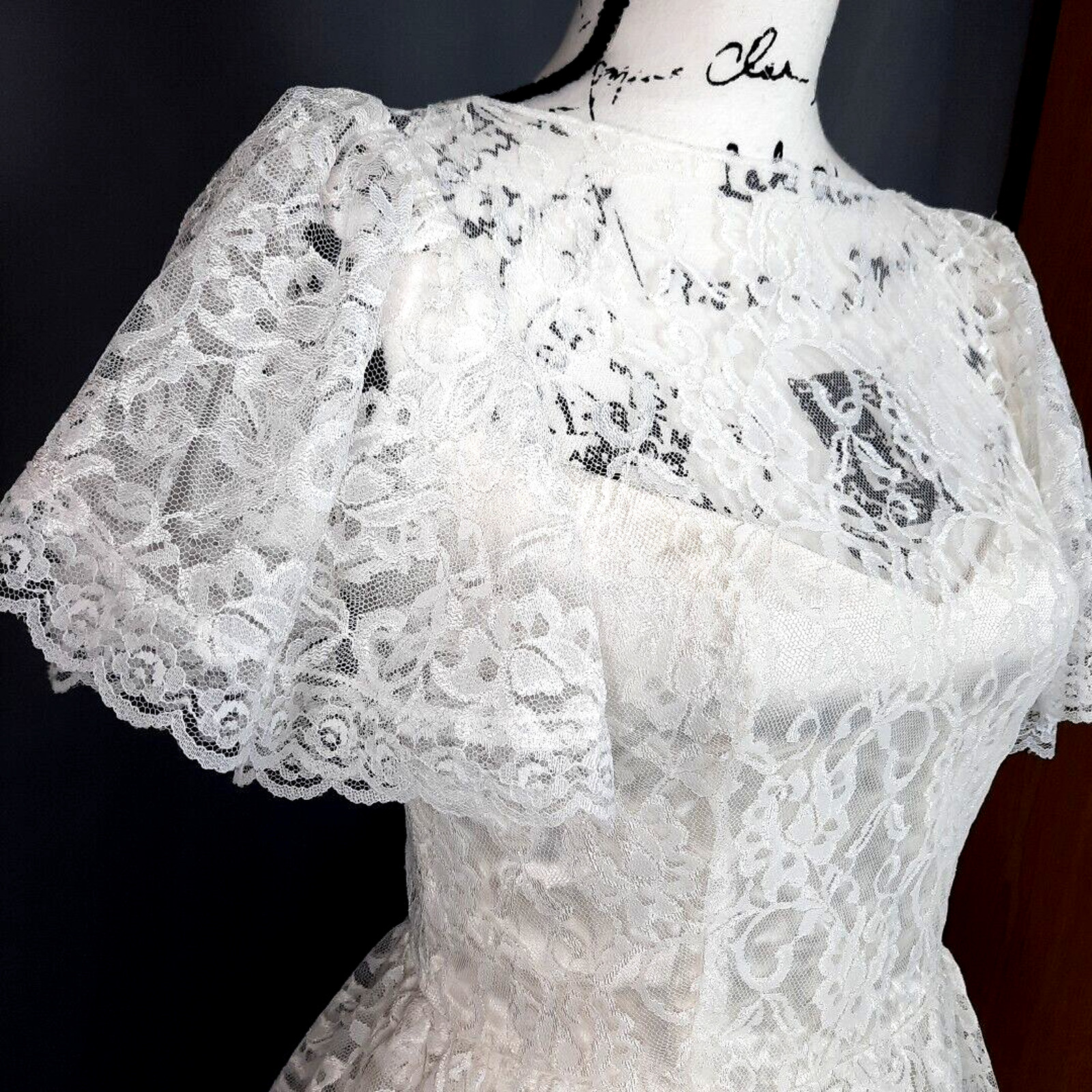 Vtg Diamonds Run Lace Puff Sleeve Peplum Satin Midi Dress Size 8 White Coquette