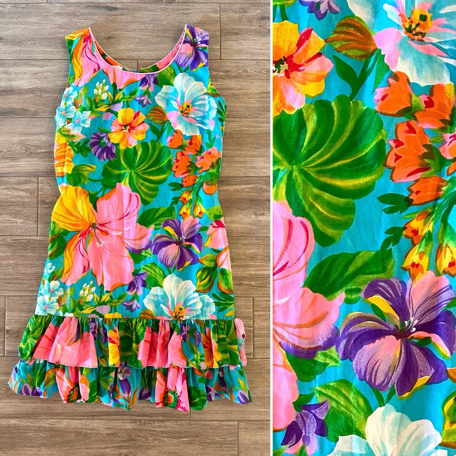 Vintage South Seas Hawaiian Colorful Tropical Floral Summer Dress Fits S-S/M