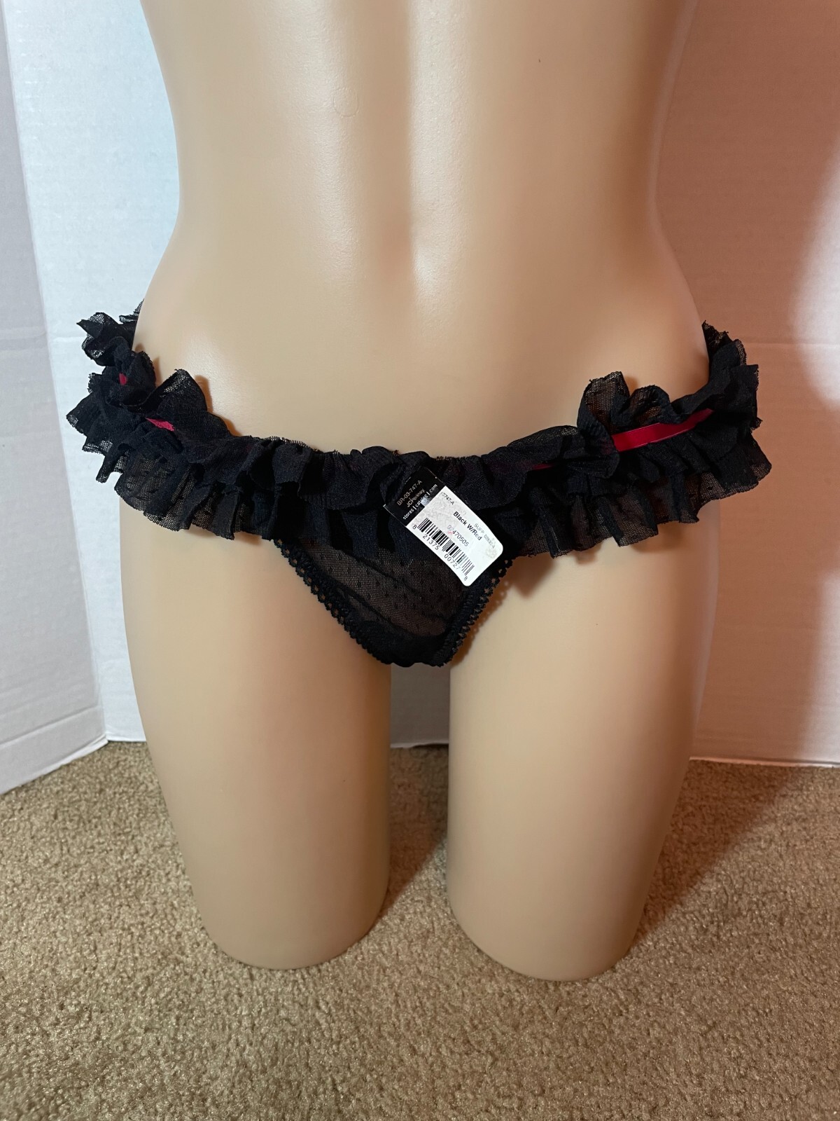 New Vtg L DELICATES Bow RHINESTONE Charm Bling G-String THONG Panty Ruffle Mesh