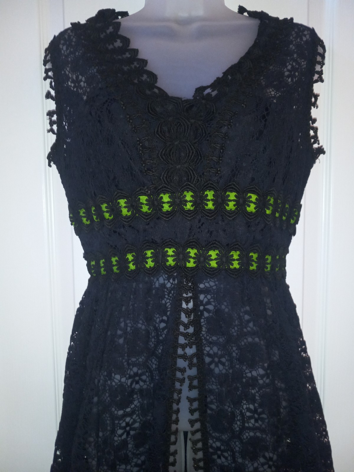 Vintage Futura Couture Sheer Black Lace Green Ribbon Maxi Hostess Dress Tiki O M