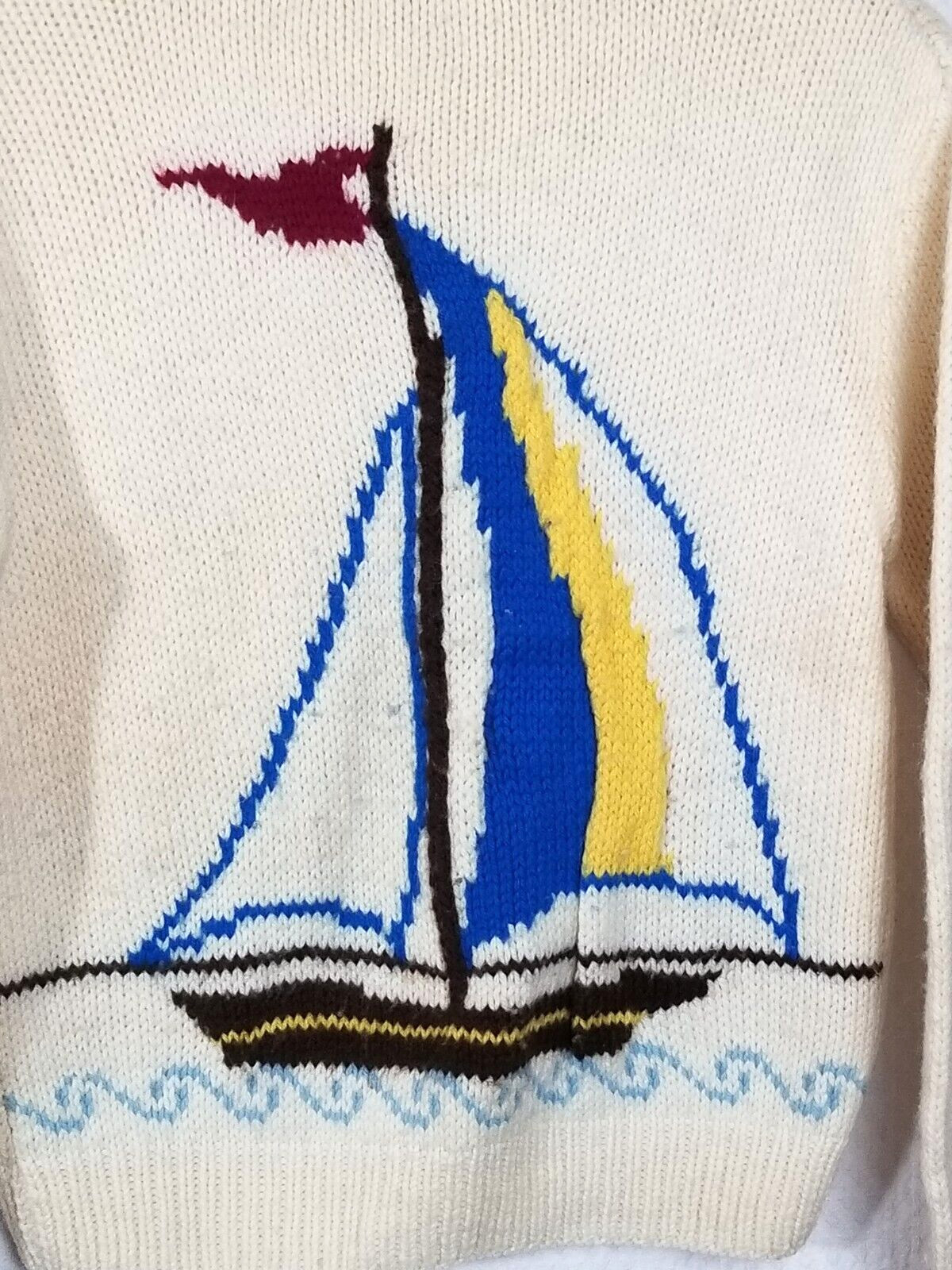 Vtg 70’s White Handmade Wool Knit Sail Boat Embroidered Turtle Neck Sweater Sz S