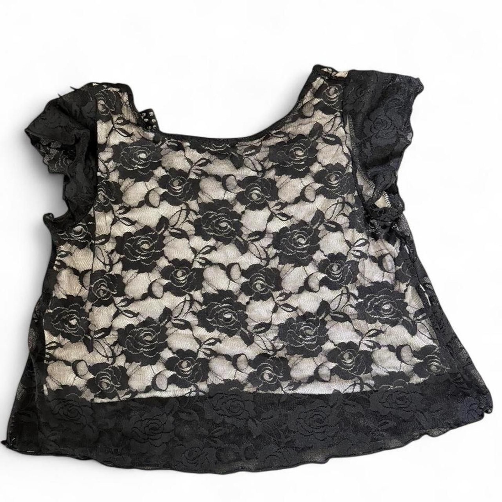 Black Lace Blouse with Rhinestone Bow Size L