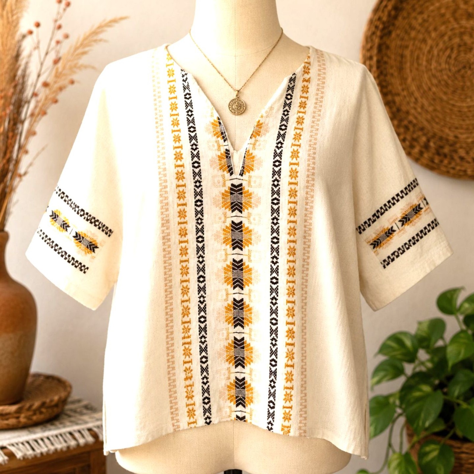 Vintage Handwoven Mexican Huipil Embroidered Boho Tunic Top XXL
