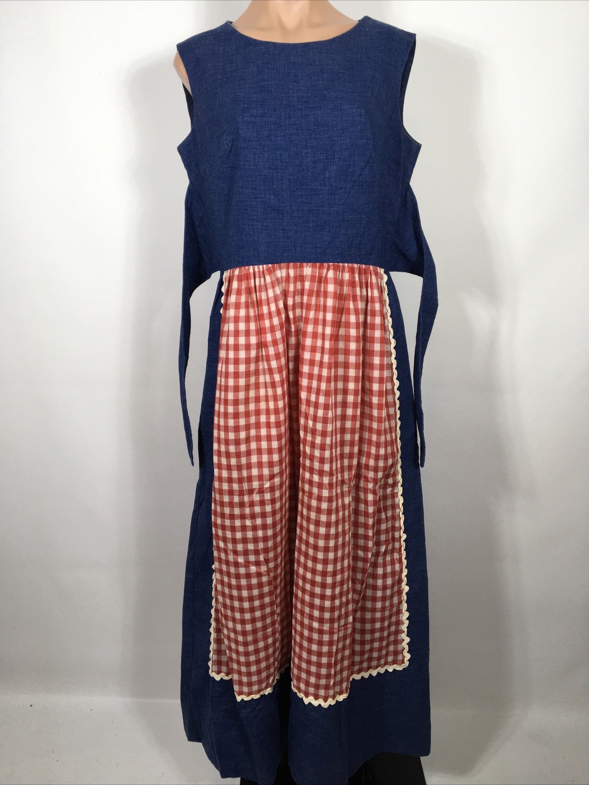 VTG Concept 70s Swirl Gingham Denim Red White sz 14 Prairie Neiman Marcus Dress