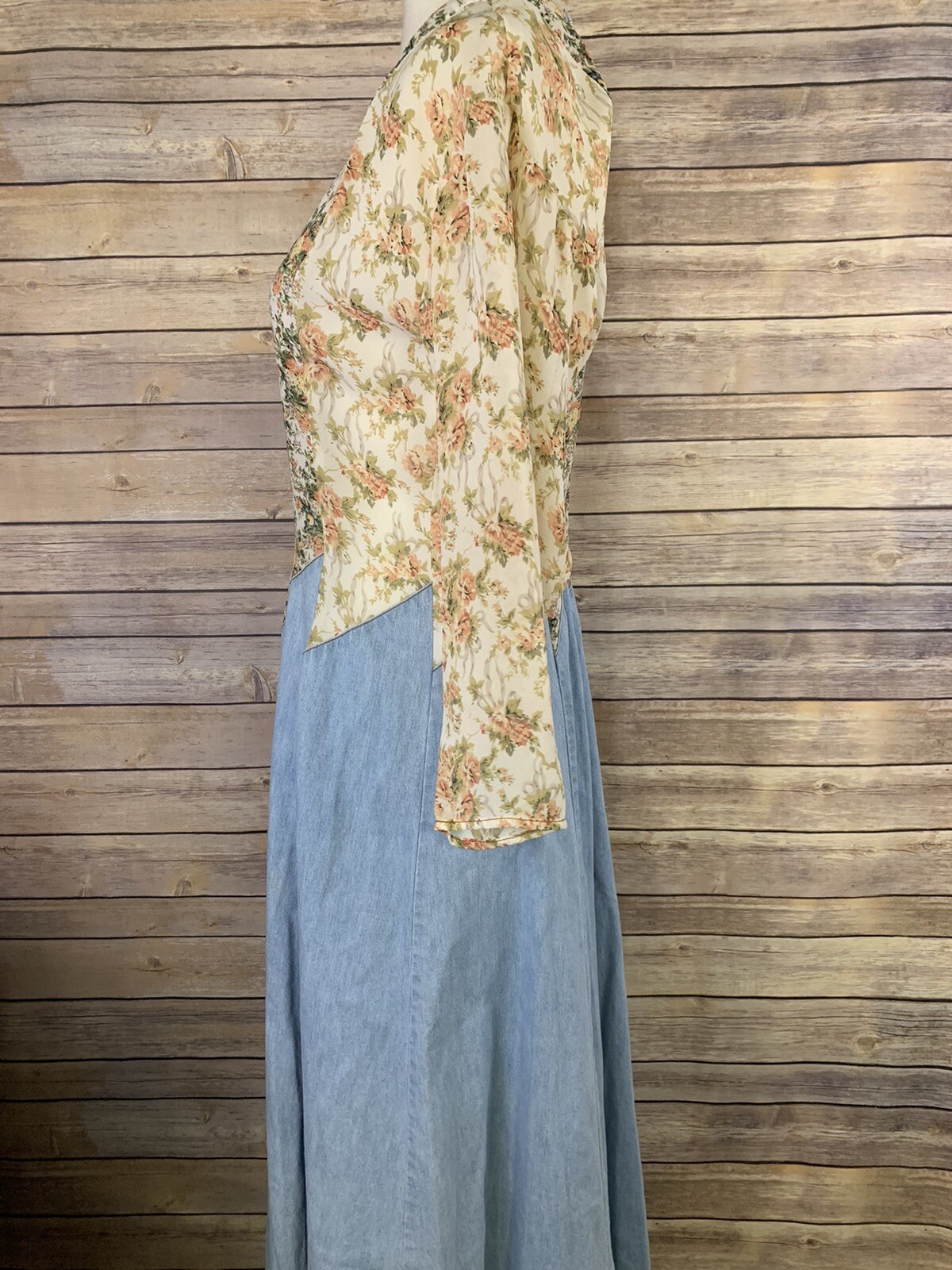 Vintage Tickets Womens Dress Denim Floral Mixed Zip Back Boho Long Cottage Core