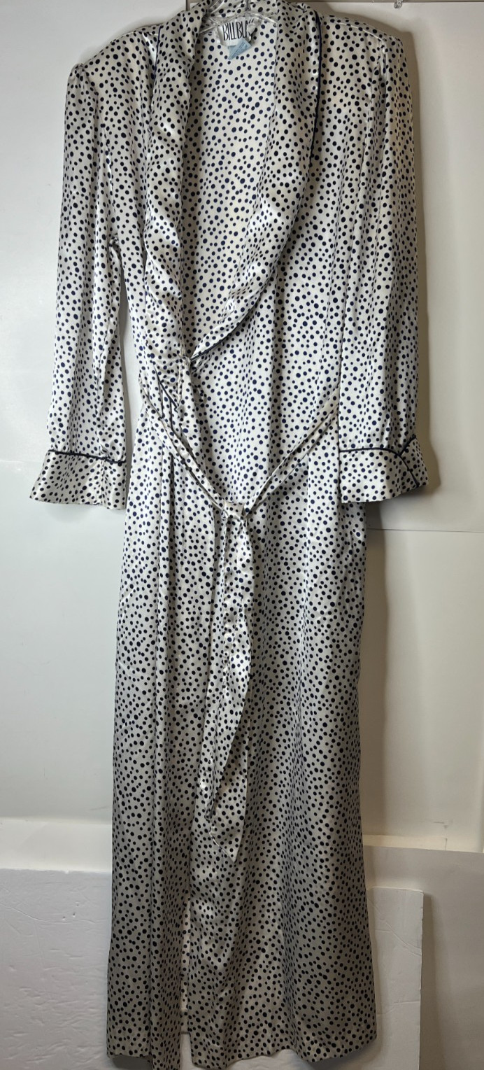 VTG Bill Blass Women’s Medium Satin Bath Robe White w/Blue Polka Dots Belted