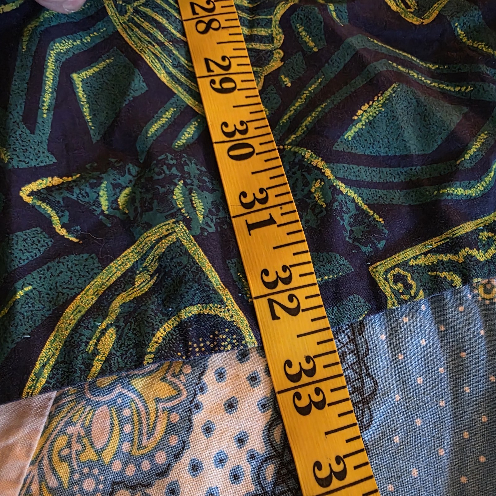 Vintage Abstract Geometric Print Midi Skirt Teal Green Pleated Full A-Line 30W