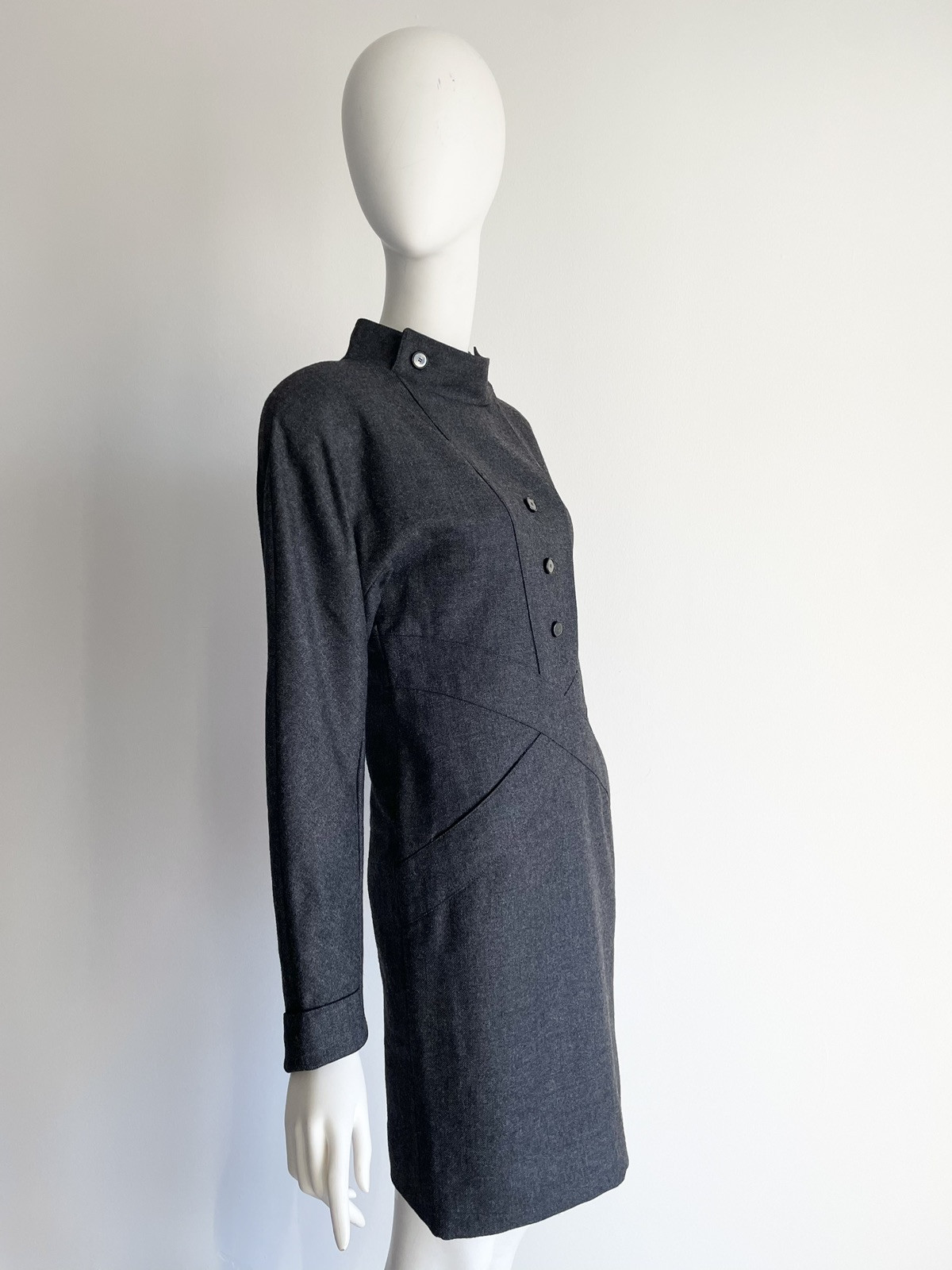Vintage 1980s Chloe Gray Wool Dress Cross Front Buttons Shoulder Pads Size XS