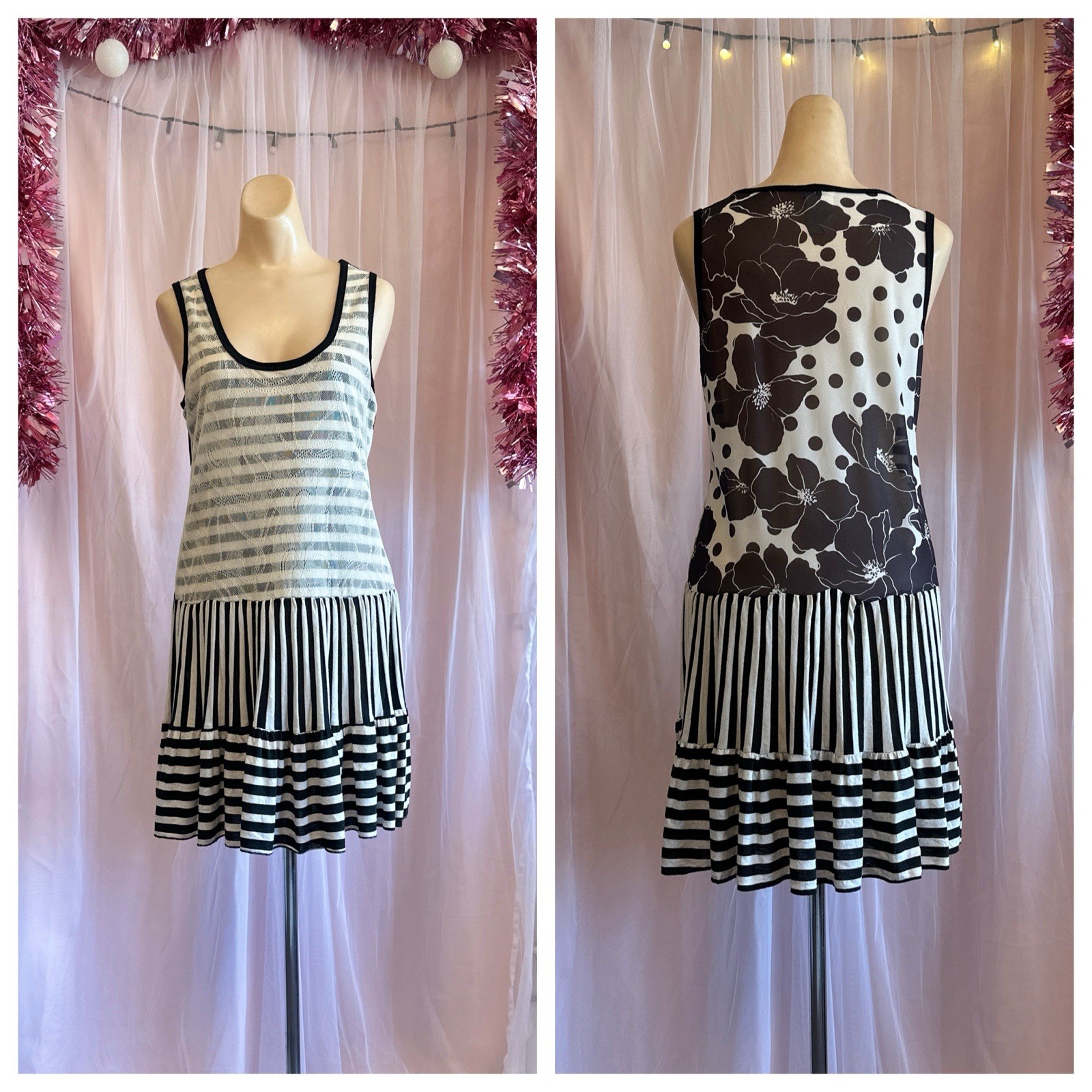 Vintage 90s Mini Tank Dress Black White Sleeveless Drop Waist Relaxed M