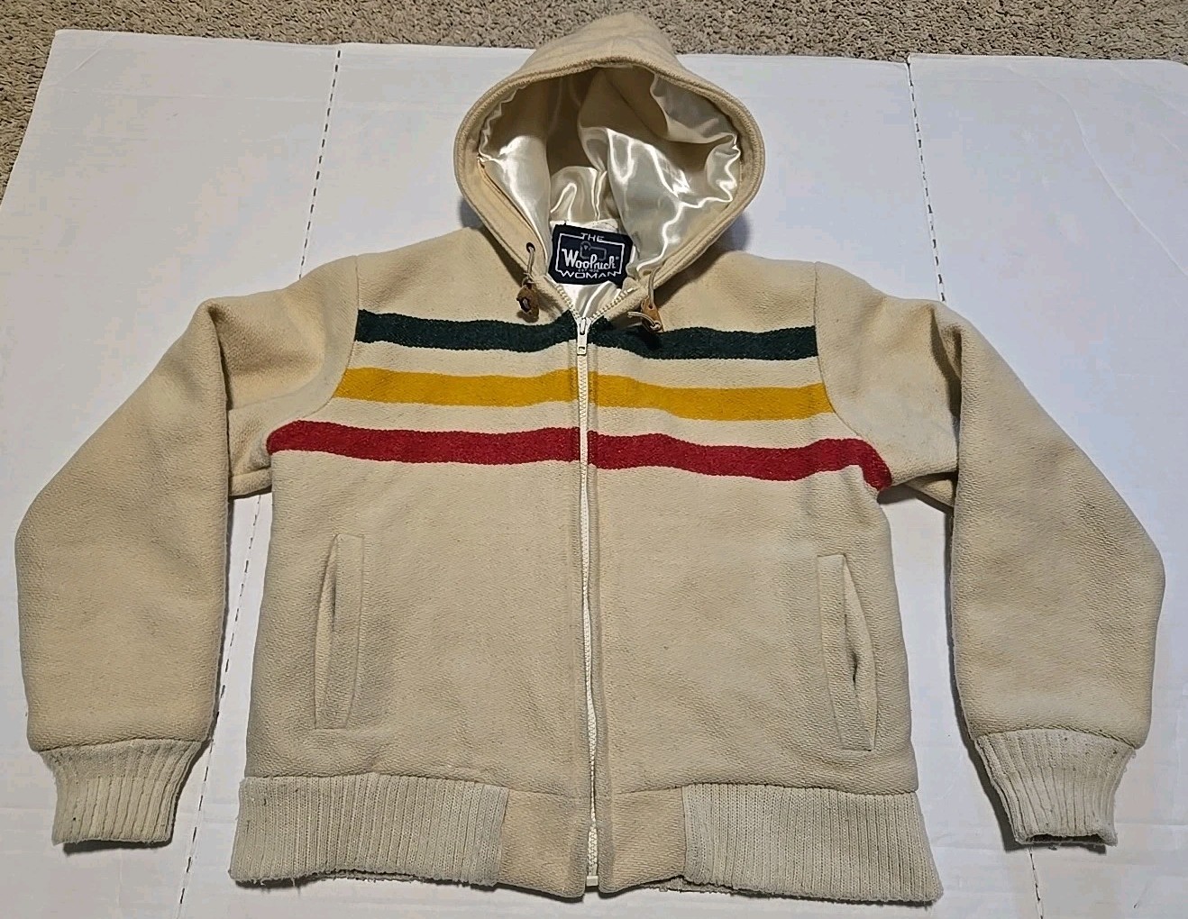 Vintage Womens S / M Woolrich Hudson Bay 3 Stripe Style White Wool Zip-up Jacket