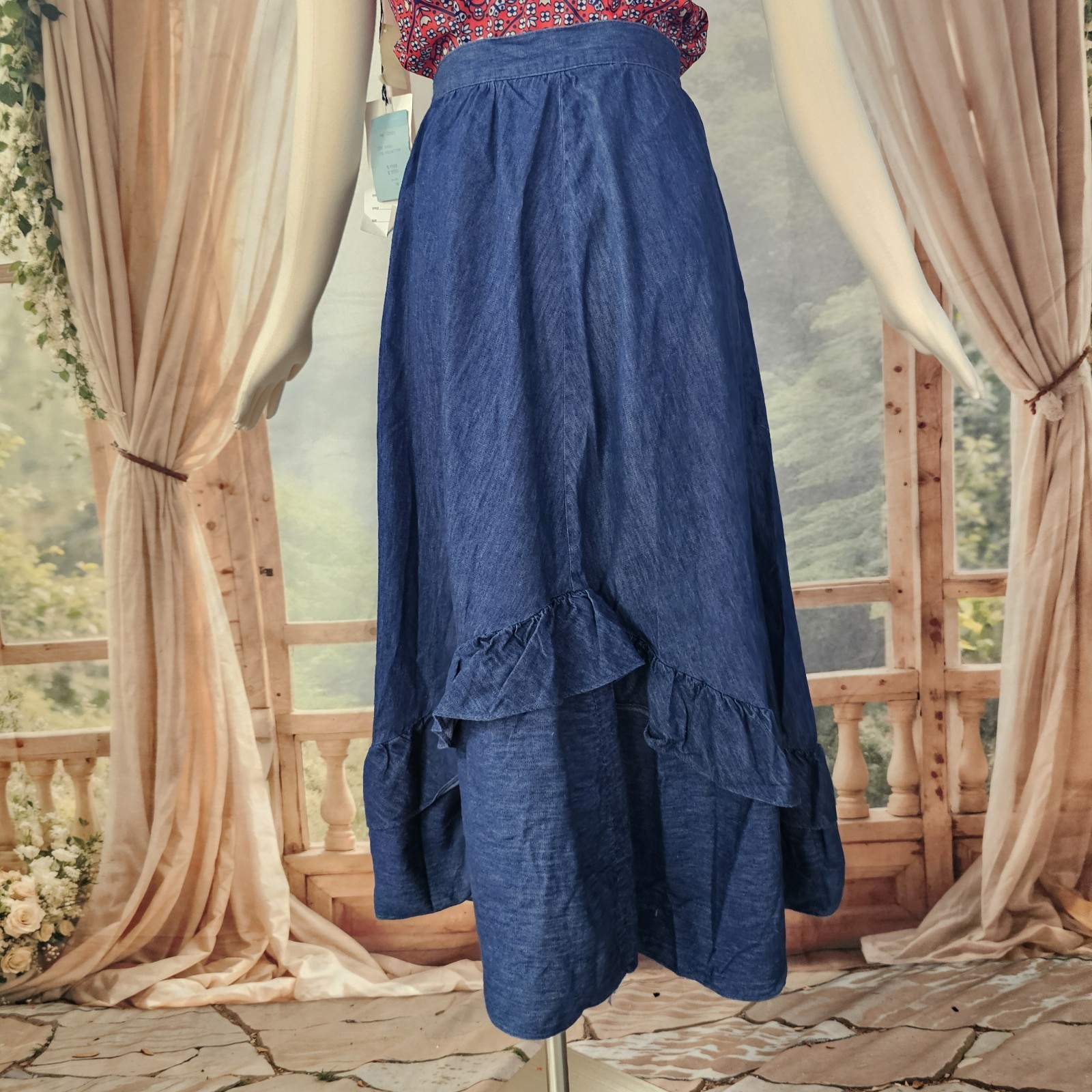 Vintage 1970s Skirt Denim Blue Jean Ruffle Flowy Midi Length Retro Chequers