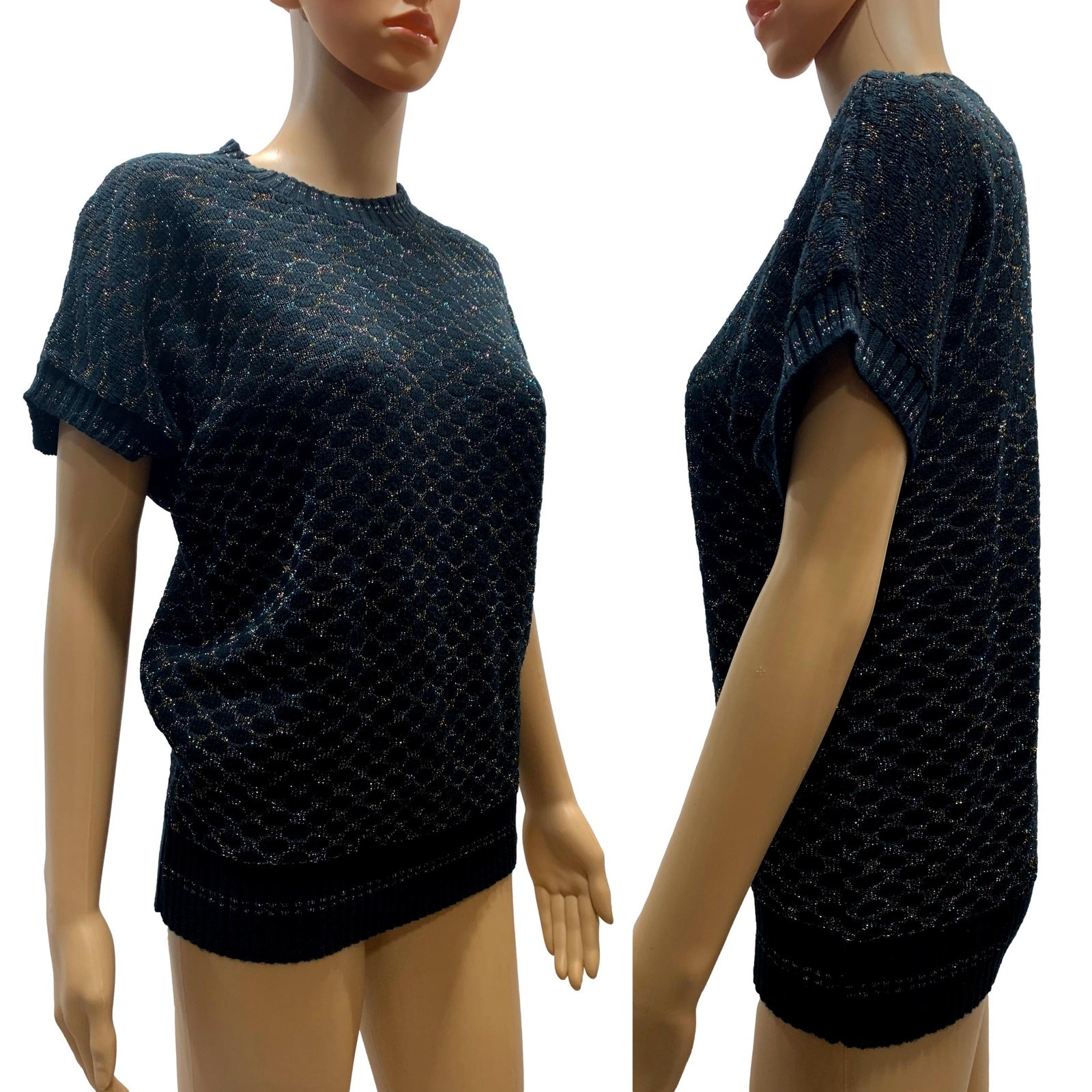 70s Kenneth Too Black Metallic Knit Sweater Top | Rainbow Lurex Vest XS/S