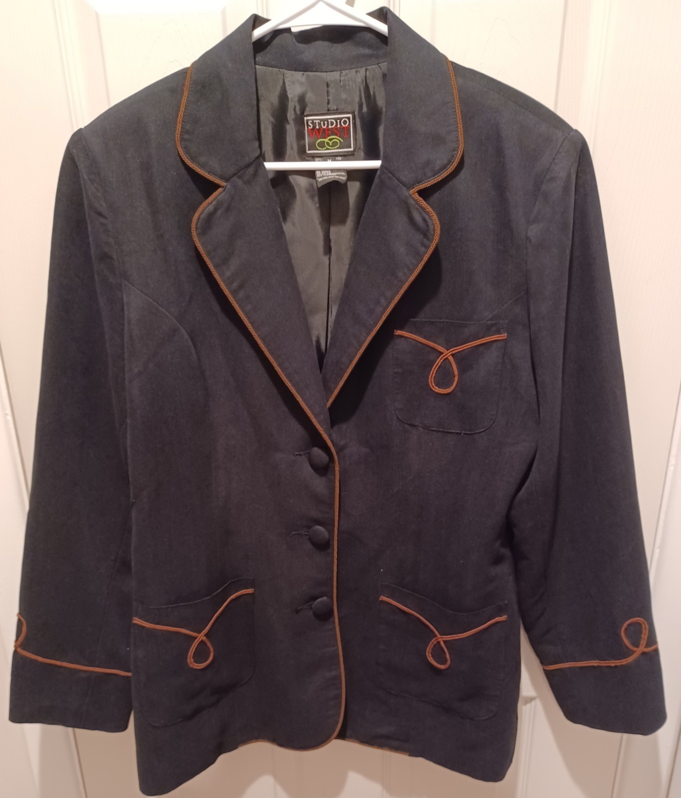 Womens Vintage Studio West Black Western Blazer With Brown Looped Piping Size M