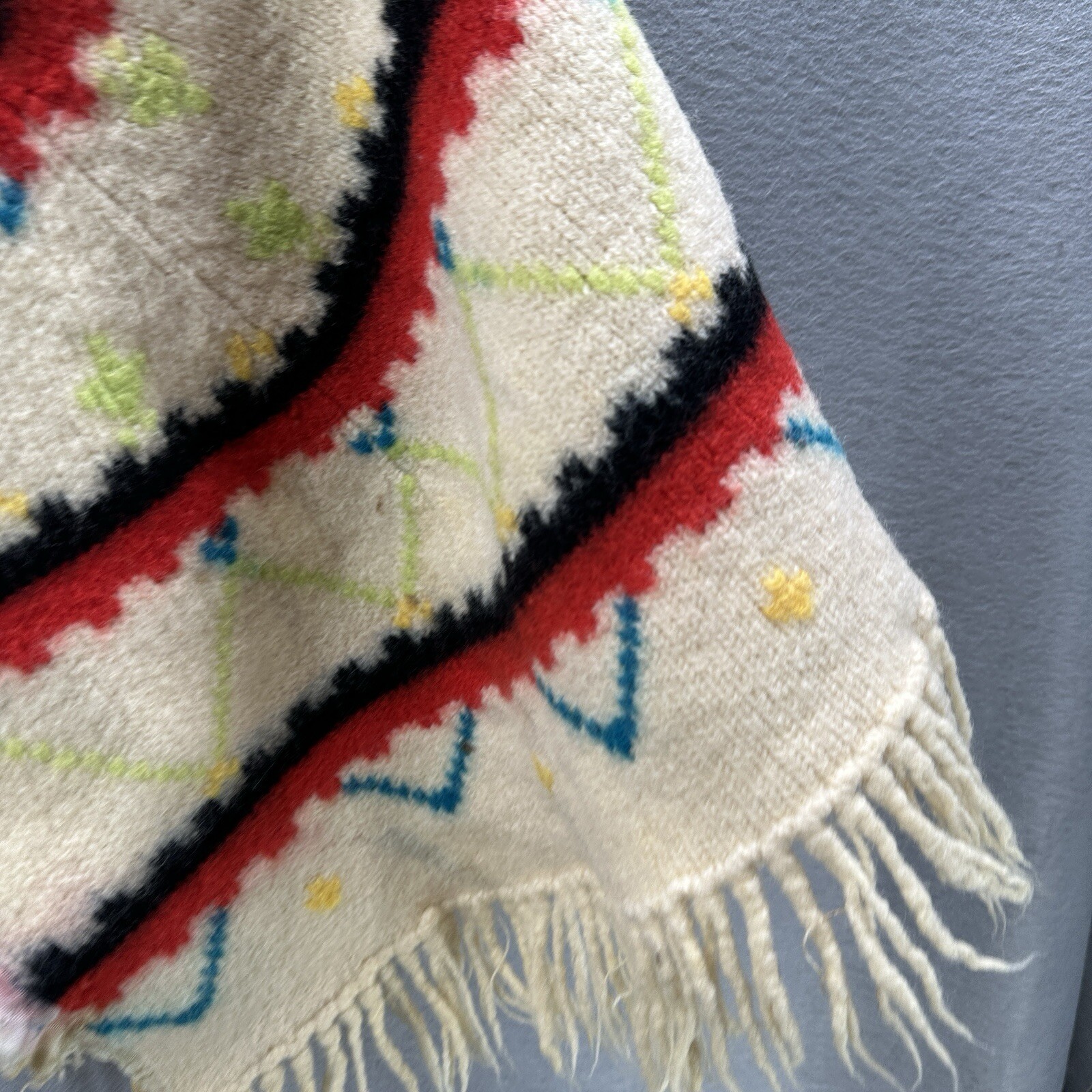 Vintage Barbara Lee Fringed Cape Shawl Poncho Aztec Wool Womens M Native READ