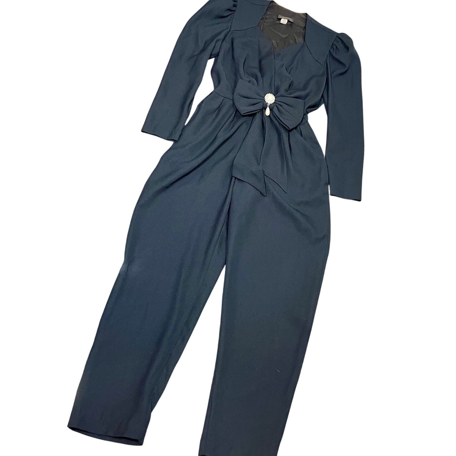 Vintage 1980s Black Satin Jumpsuit Late Edition Evening Glam Faux-Pearl Bow S/M