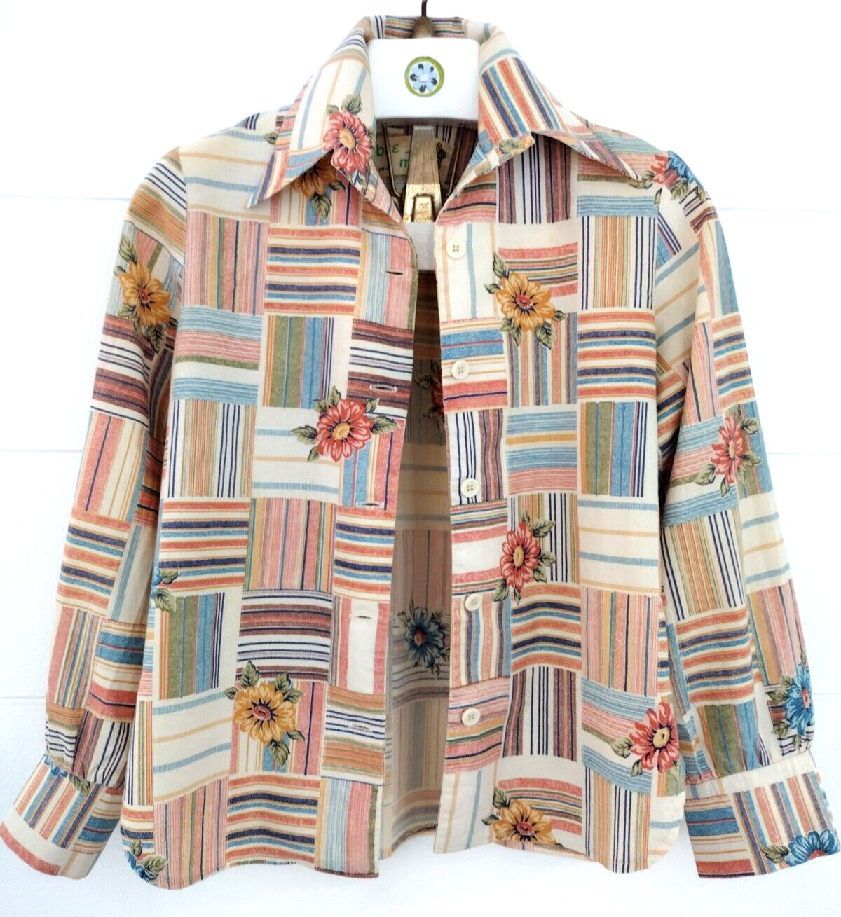 Vtg 70’s Western Patchwork Dagger Collar Plaid Button-Up Retro Mod Blouse Sz S