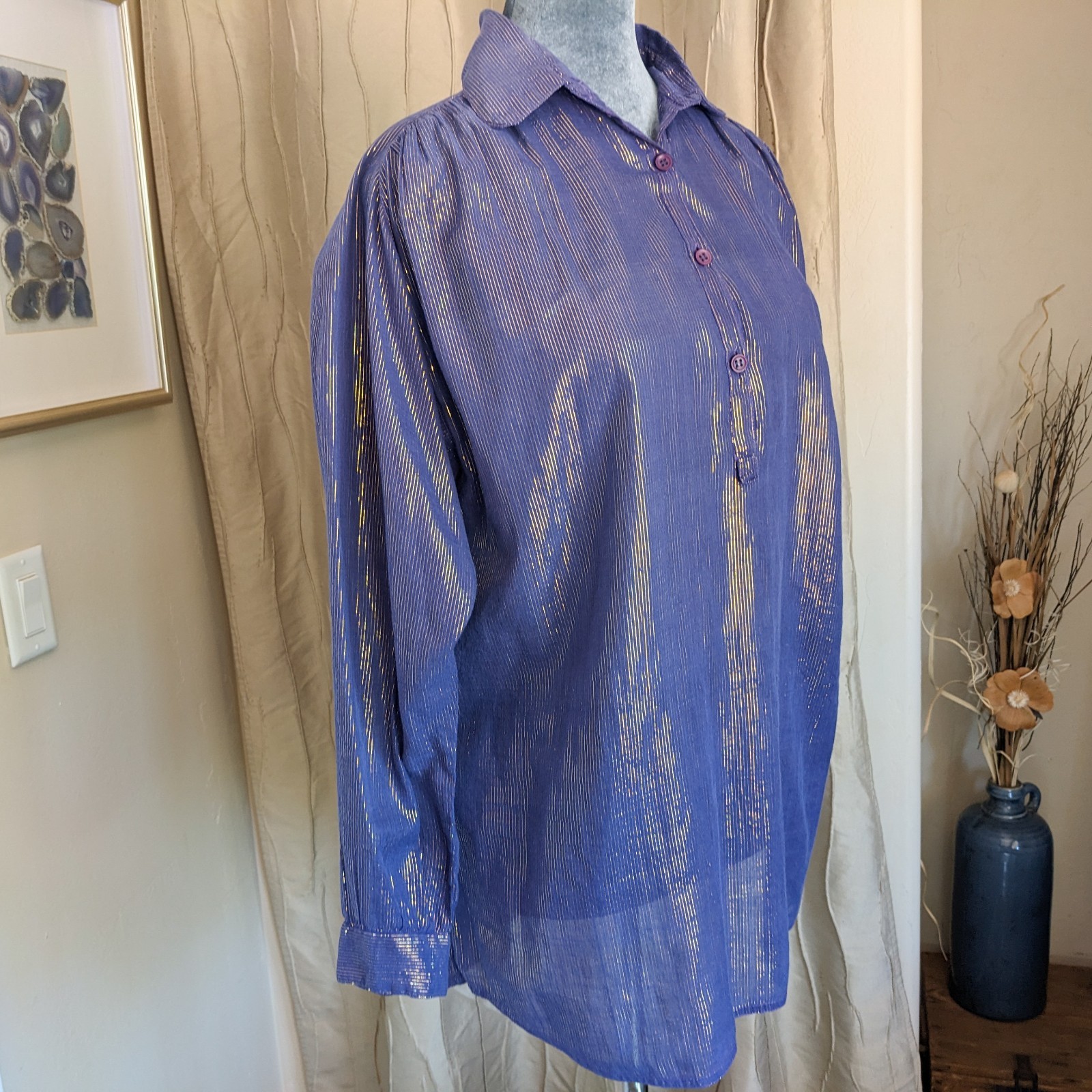 VTG 80s Metallic Gold Stripe Cotton Voile Blouse 14/L Purple Button Up Top India