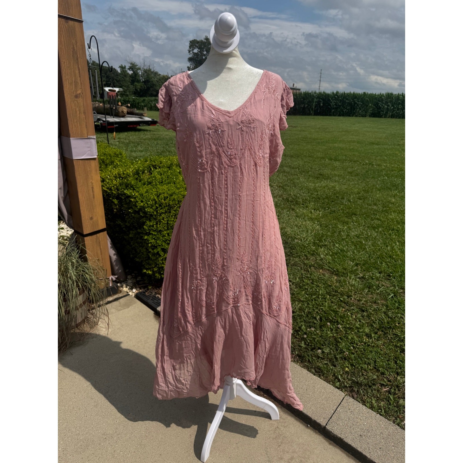 Vtg Y2K Papillon Dress L Pink Beaded Sequin Flutter Sleeve Midi Handkerchief