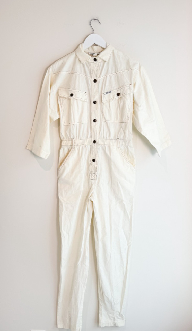 Vintage 80s IDEAS Denim Jumpsuit Made In USA Small 0 Cotton 3/4 Sleeves