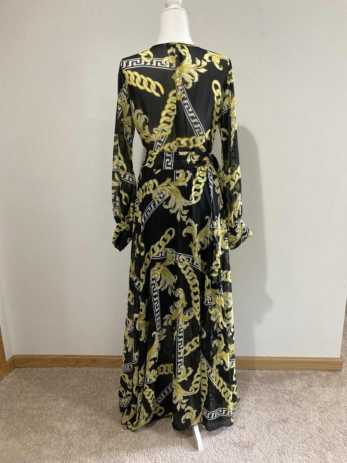 Vintage Sexy Diva Women Black Yellow Sheer Long sleeves Maxi Dress Size Medium