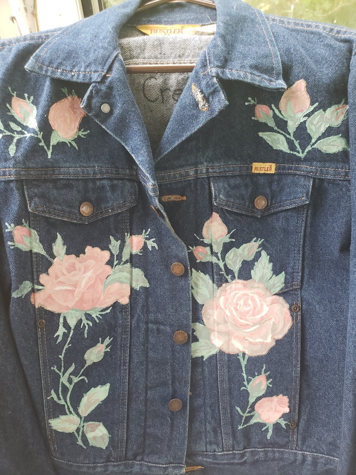 Denim Jacket Rose Appliques Awesome Prairie Chic Look