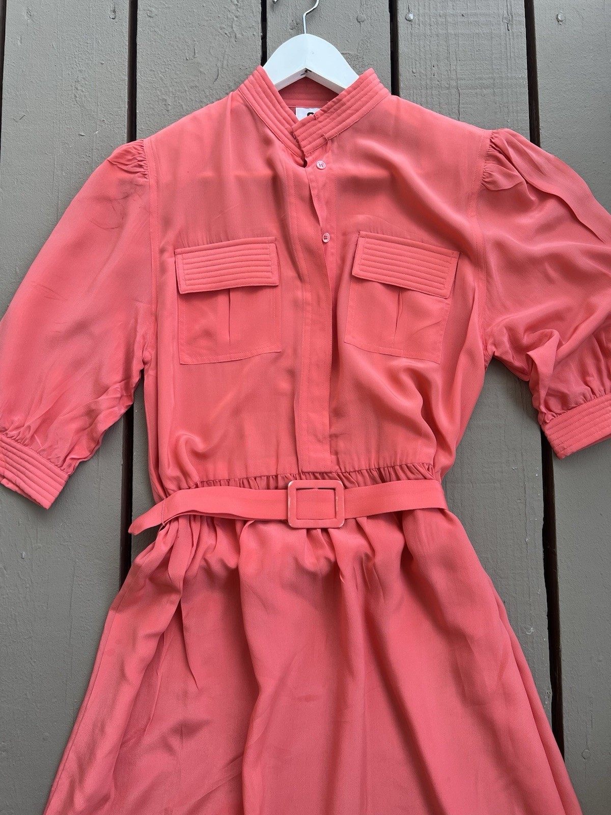 Vintage CASI Peach Orange Front Pockets Belted 100% Silk Women’s Dress Sz 10