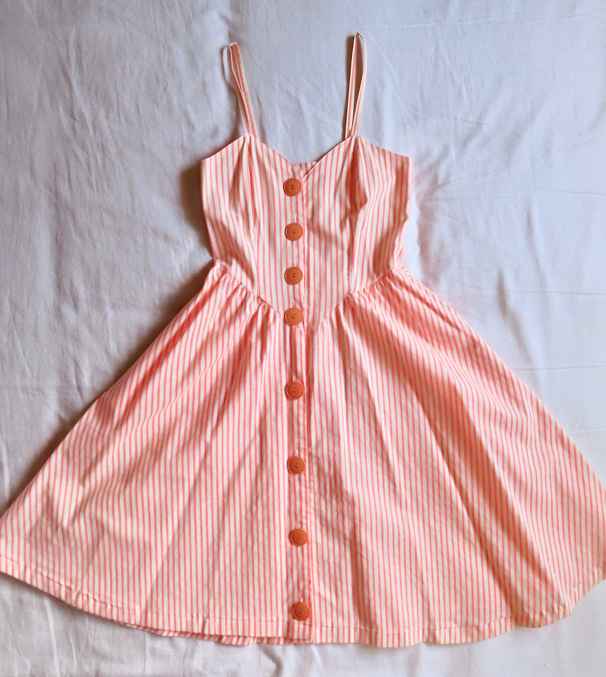 1990s Vintage Orange Stripe Pockets Hang Ten Full Skirt Dress sz XS / 32″ chest