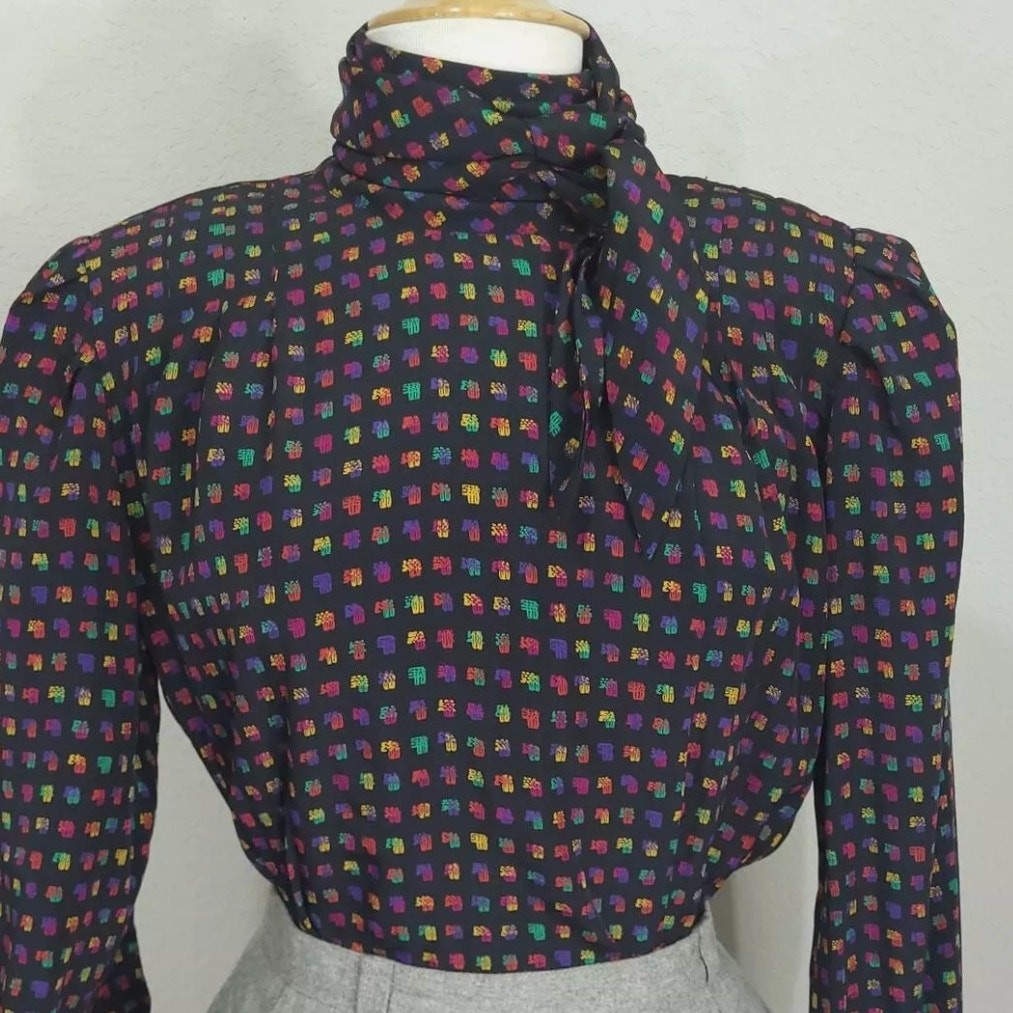 Vintage 80’s Blouse Rainbow Black Long Sleeve Pussy Bow Doncaster Size L XL