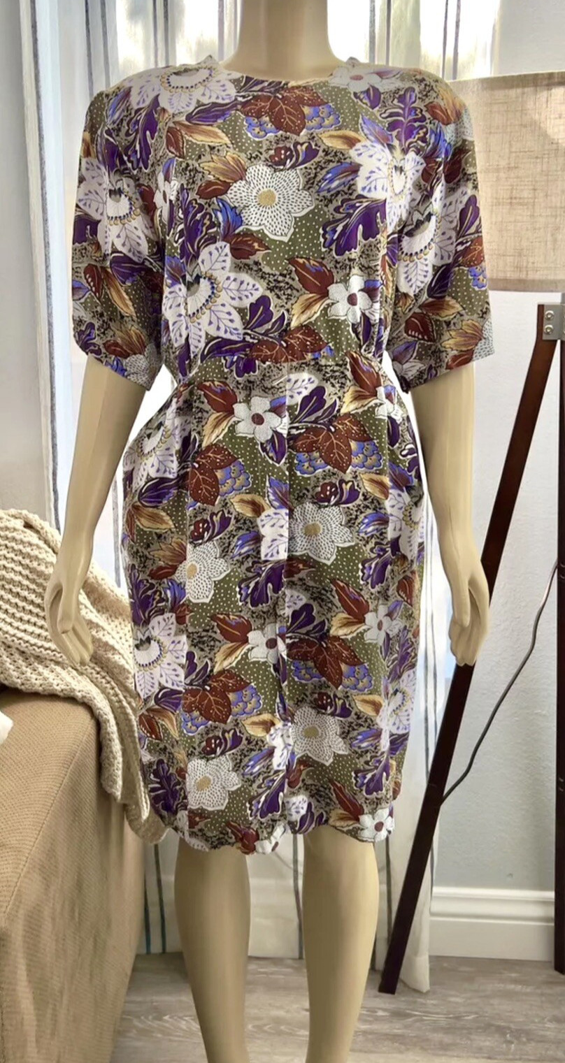 Vintage Floral Short Sleeve Pencil Dress Plus Size 18 Lorac Original Lady Carol