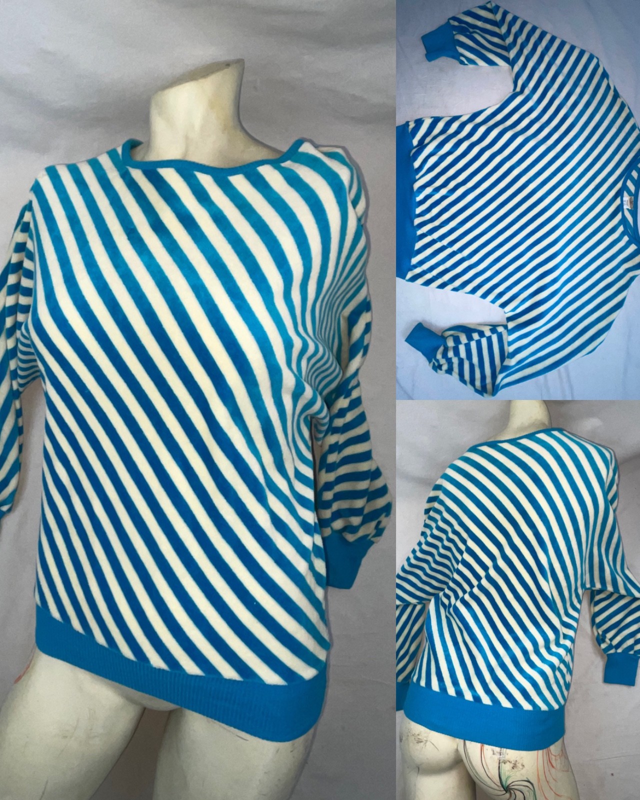 VTG 80S WOMENS BLUE SUPER STRIPE LONG SLEEVE BATWING RETRO NEW WAVE SHIRT