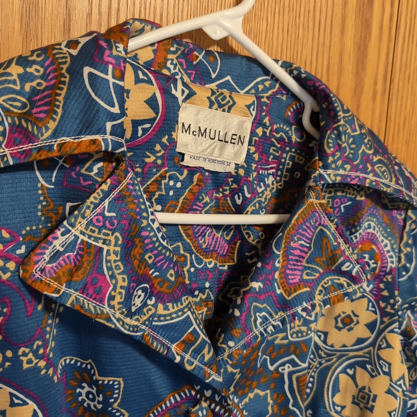 Vintage 1970s McMullen Shirtwaist Dress Blue Paisley Pattern Designer Big Collar