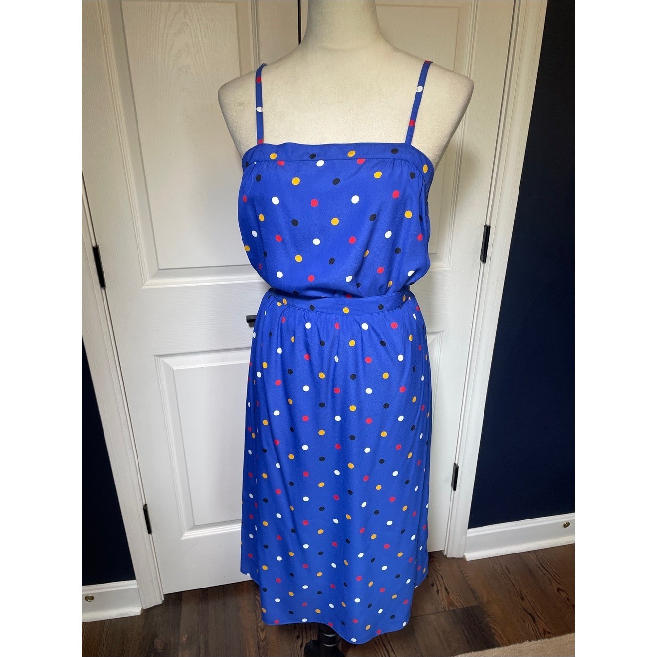 Vintage Sasson Blue Sleeveless Silky Polka Dot 2 Piece Dress & Black Blazer Sz M