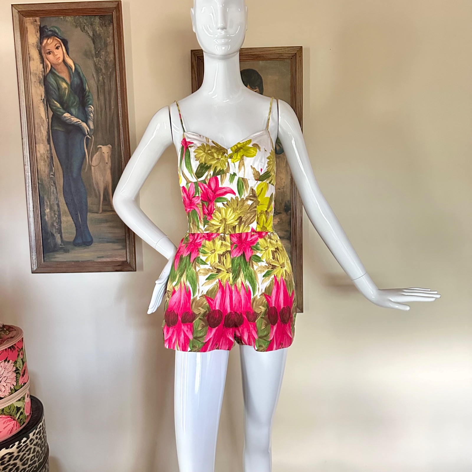 Vintage 1950s Kahala Electric Floral Hawaiian Pin-up Swimsuit Playsuit Romper S