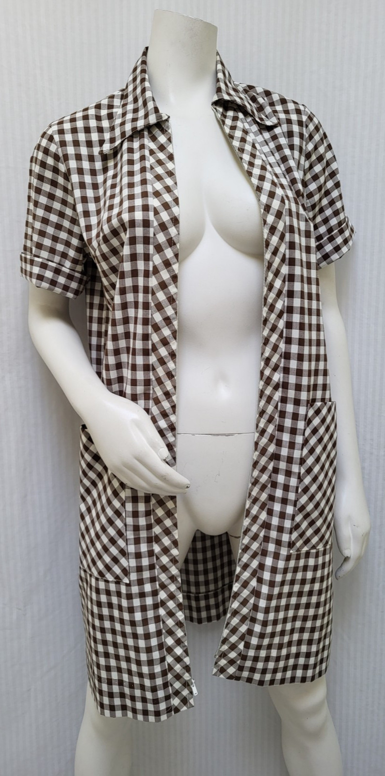 Vintage 1950/60s Brown Check Zip Front Collared Dress – Size M -EUC