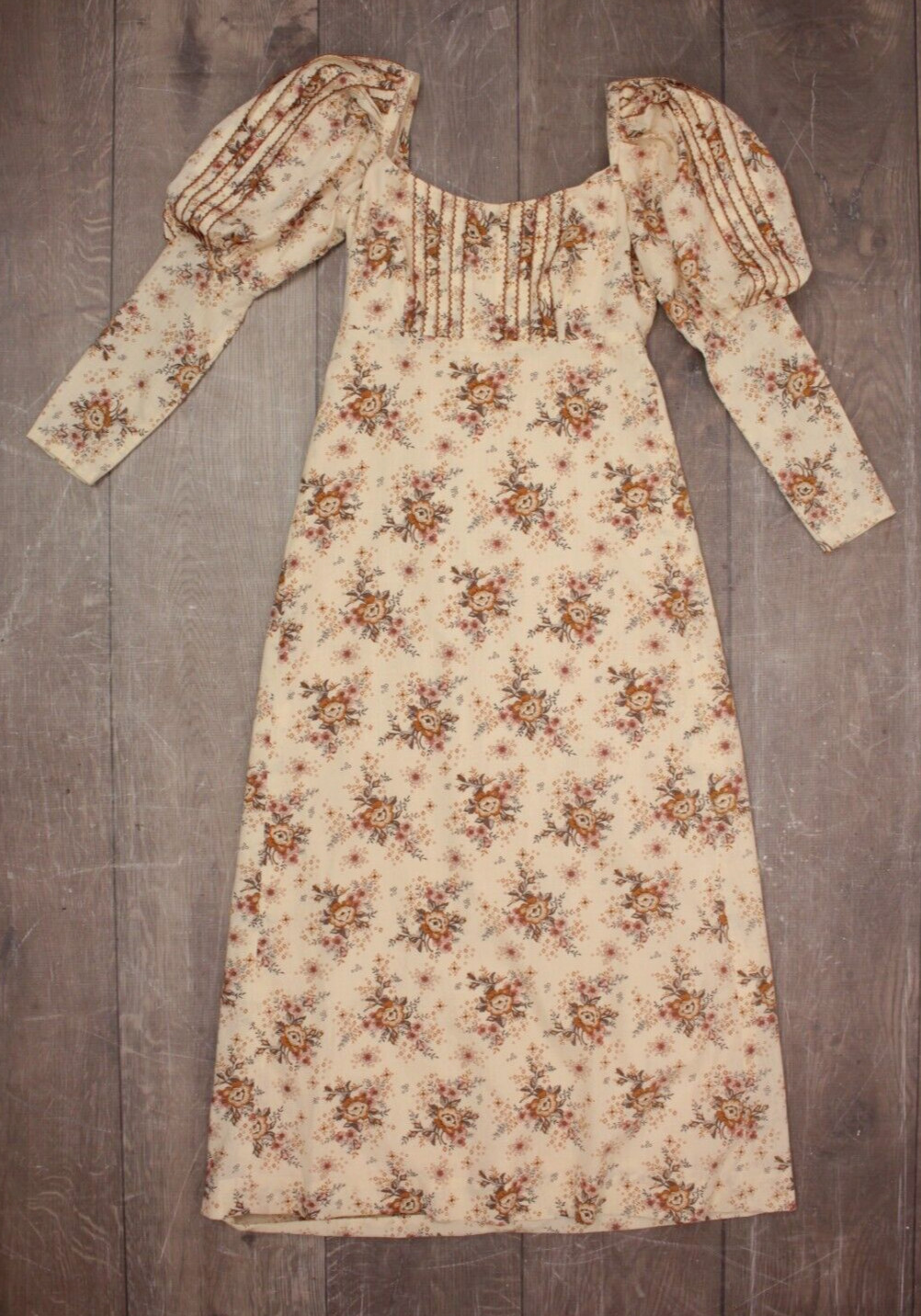 Vtg Women’s 70s Cream & Brown Floral Prairie Maxi Dress XS/S 1970s Cotton Quad