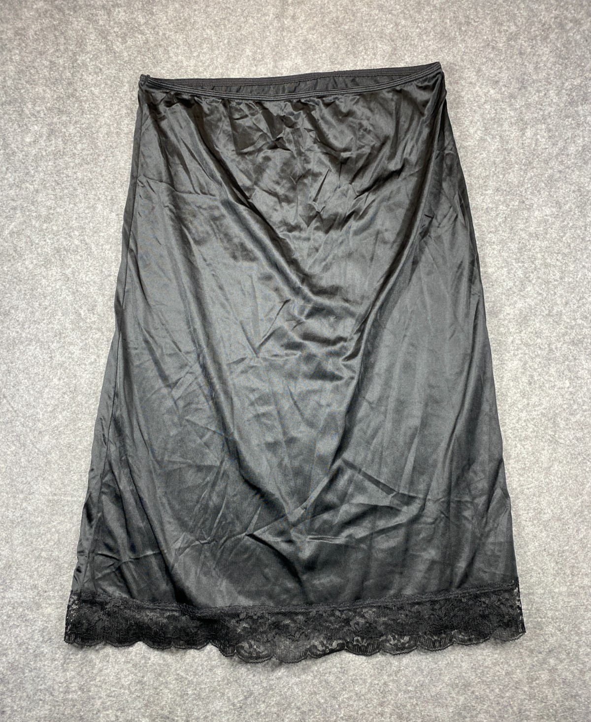 Vintage Kaydette Womens Slip Skirt Black Large 30/32 Satin Lace Trim Lingerie