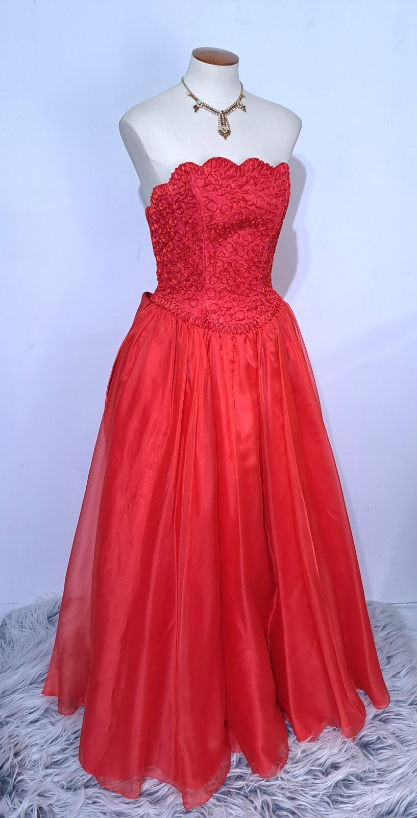 Vintage Red Strapless Party Dress Gown Huge Skirt Rosettes Draped Sz S Soutache