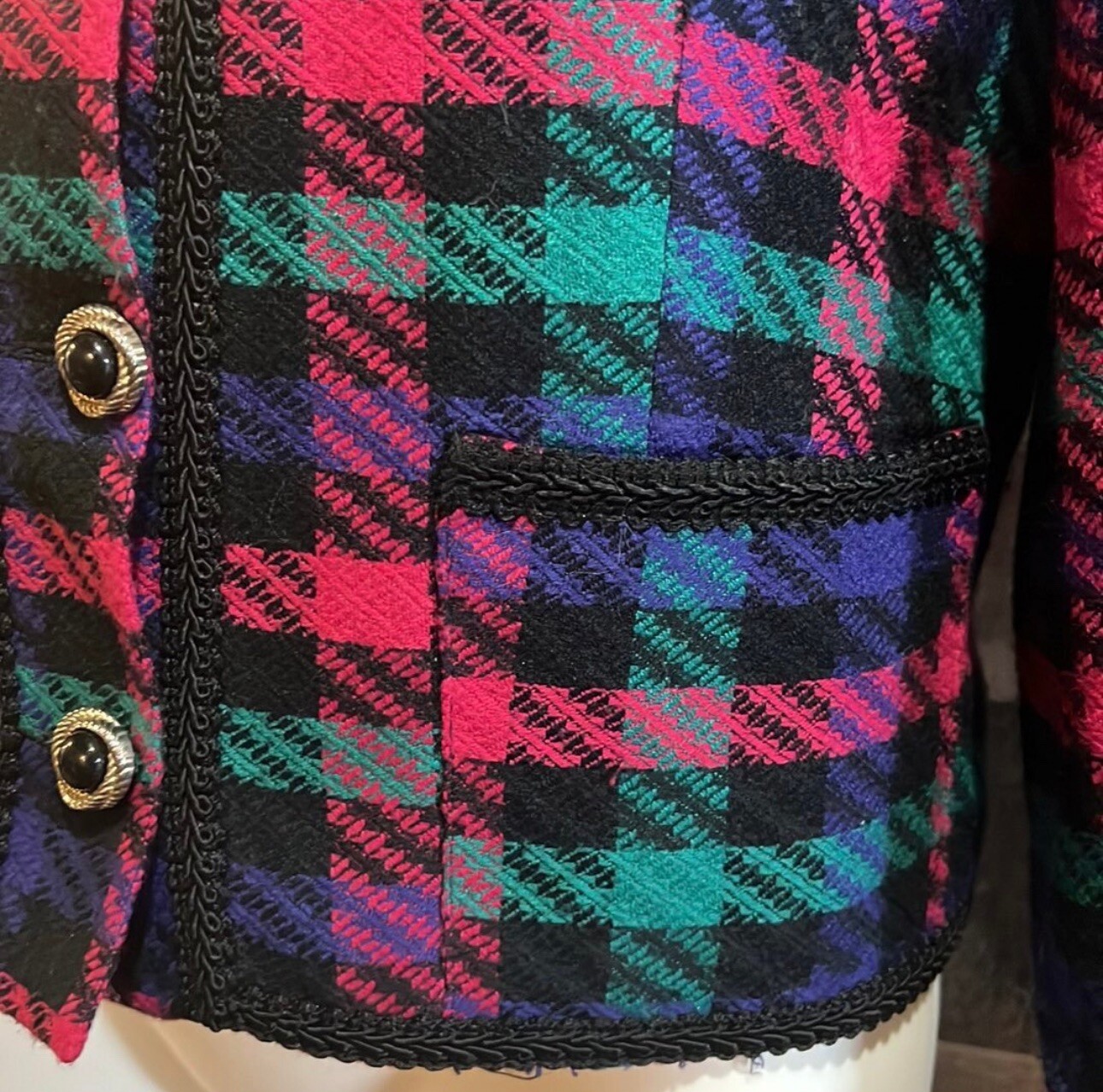 Vintage 90s Funky Colorful Bright Pink Purple Black Teal Plaid Jacket Blazer 8