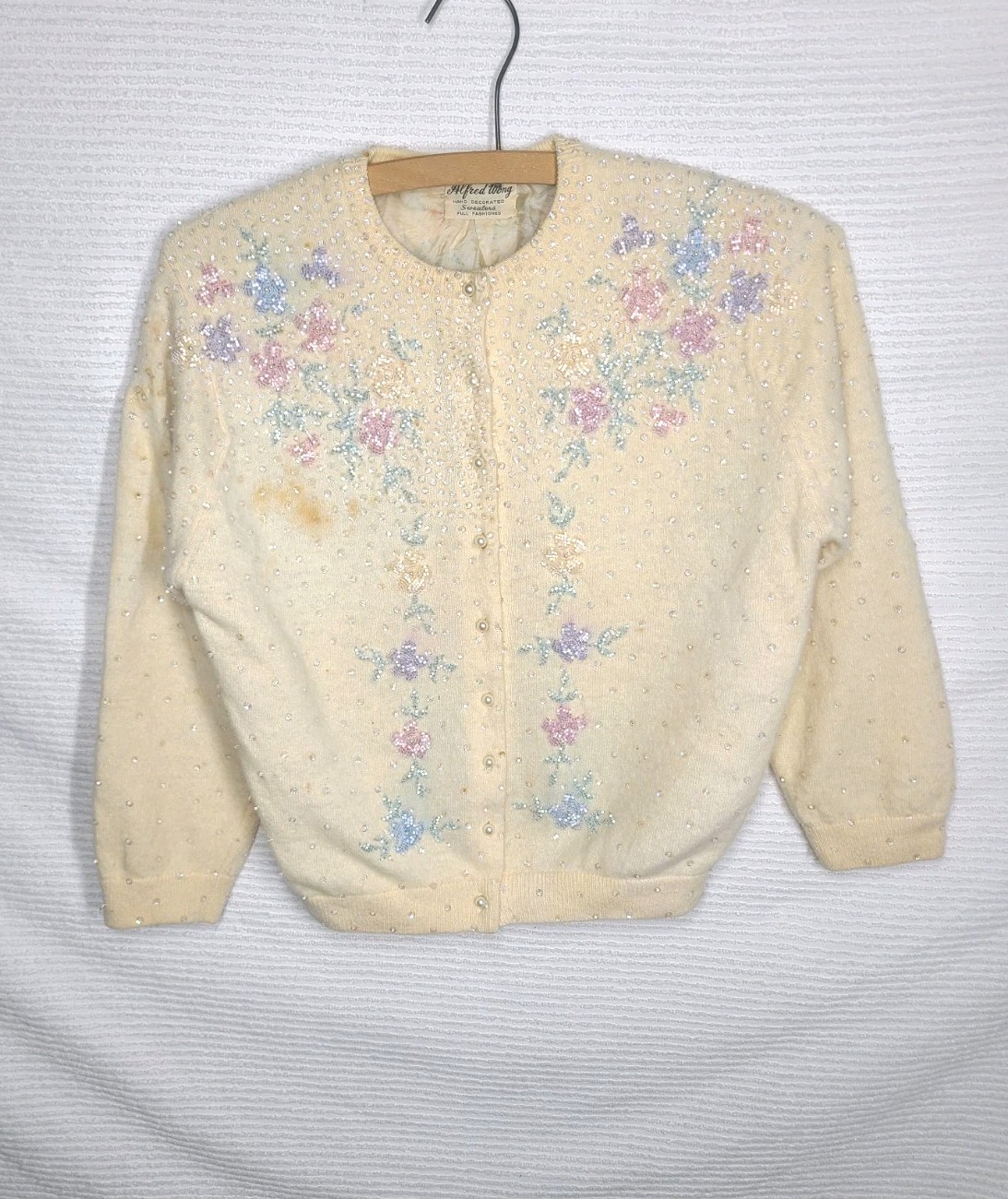 1950s Beaded Cashmere Cardigan Silk Lined Cut Glass Alfred Wong Small Vintage