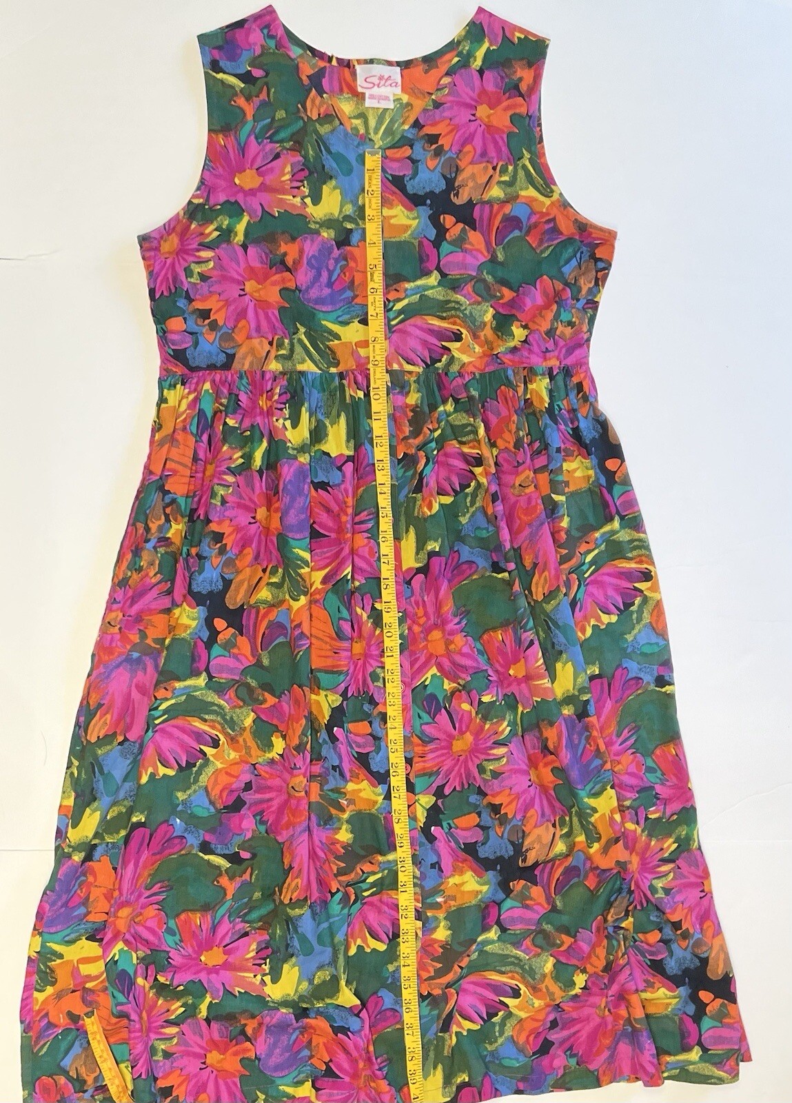 Vintage Sita Nepal Long Dress 100% Cotton Sz Large L Bright Floral Pockets VGUC