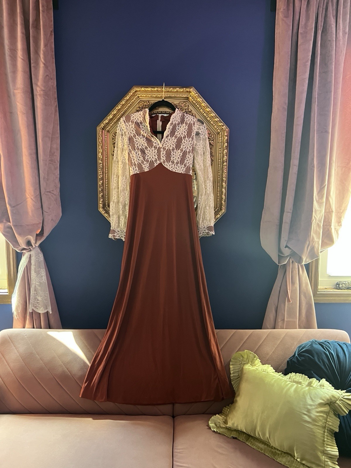 Handmade Vintage Dress 70s Cream Lace Rust Burgundy Gown Maxi Long Sleeve S/M