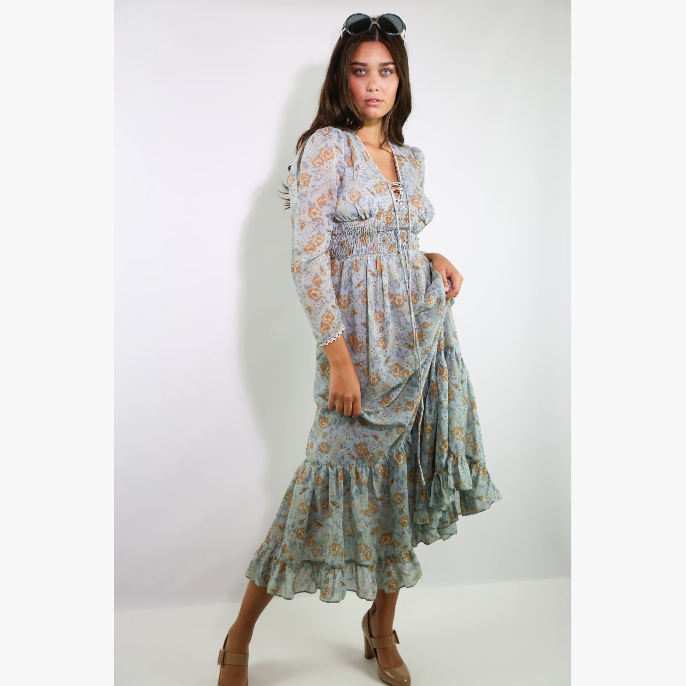 Vintage 1970’s Blue & Brown Floral Prairie Dress Maxi Size 6