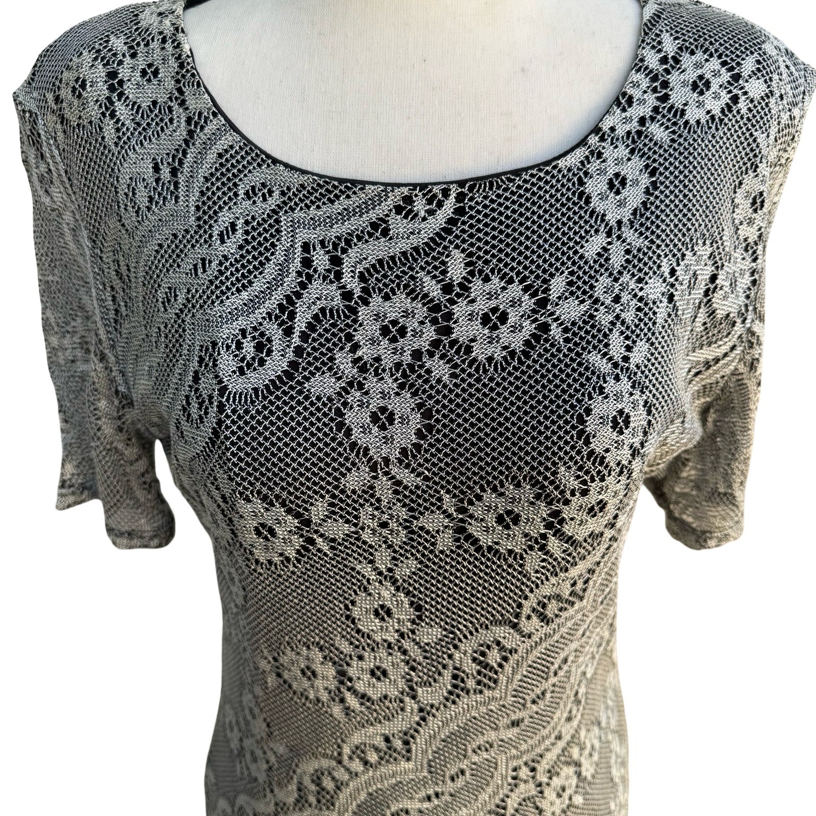 BFA Vintage 90s Flapper Great Gatsby Art Silver Floral Lace Fringe Midi Dress 10