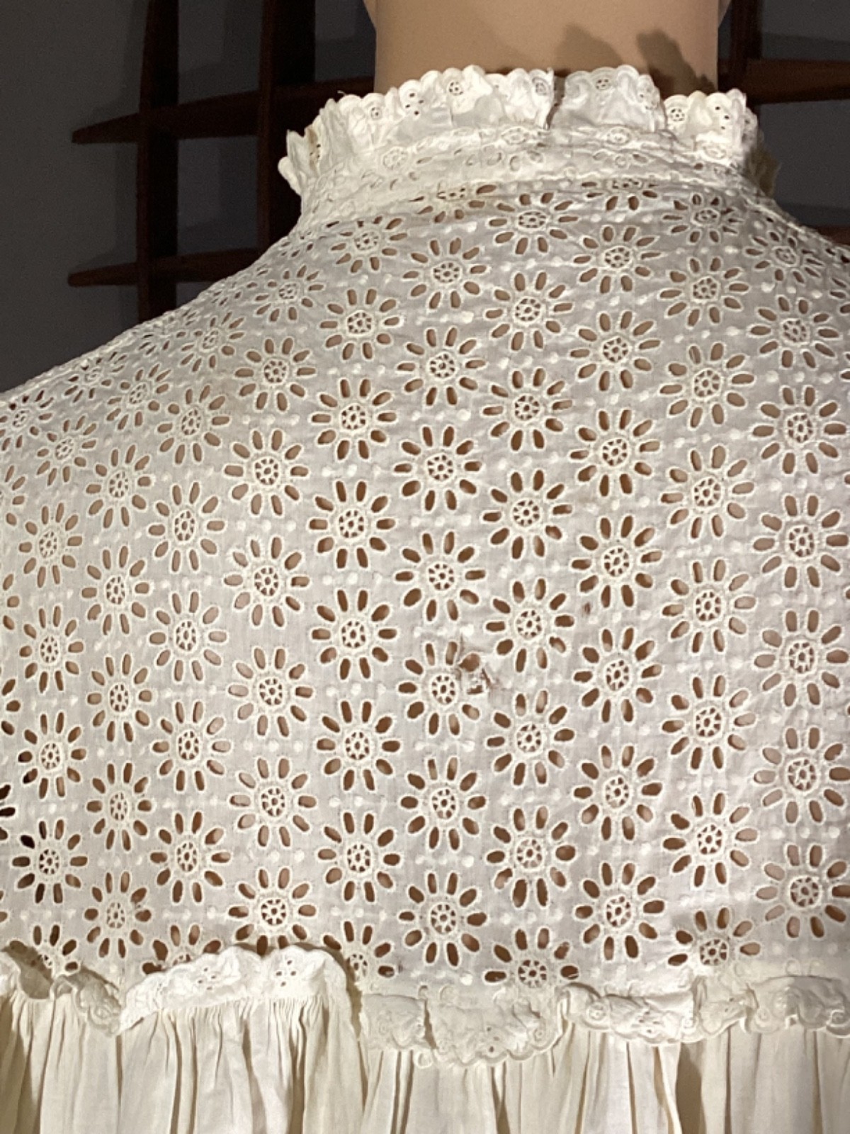 Antique Victorian Edwardian Cotton Eyelet Lace Long Nightgown Glass Buttons