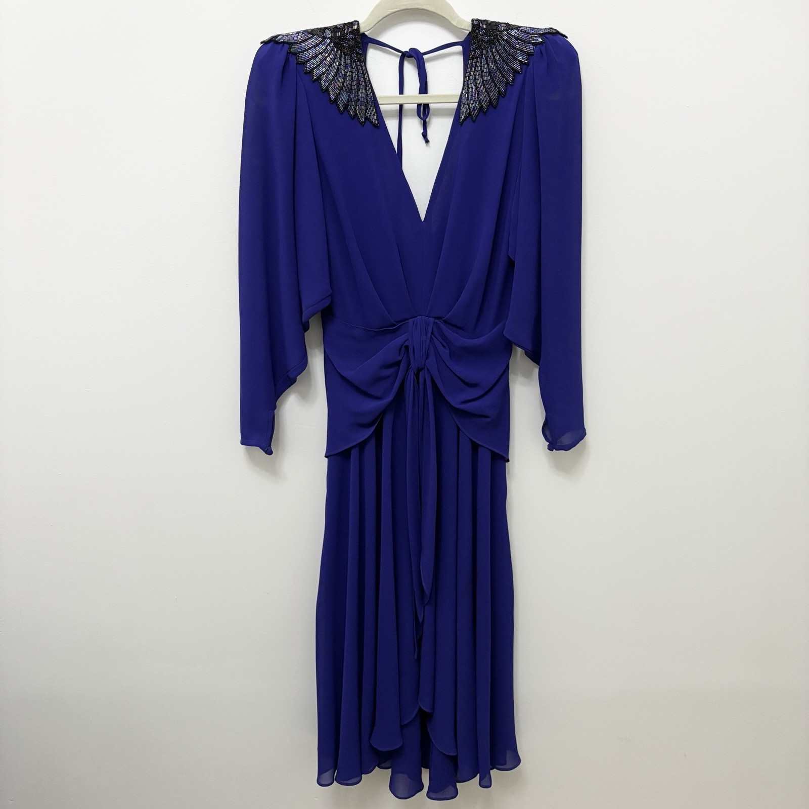 Vintage 80s Casadei Dress Art Deco Beaded Wings Blue Small Party Evening Chiffon