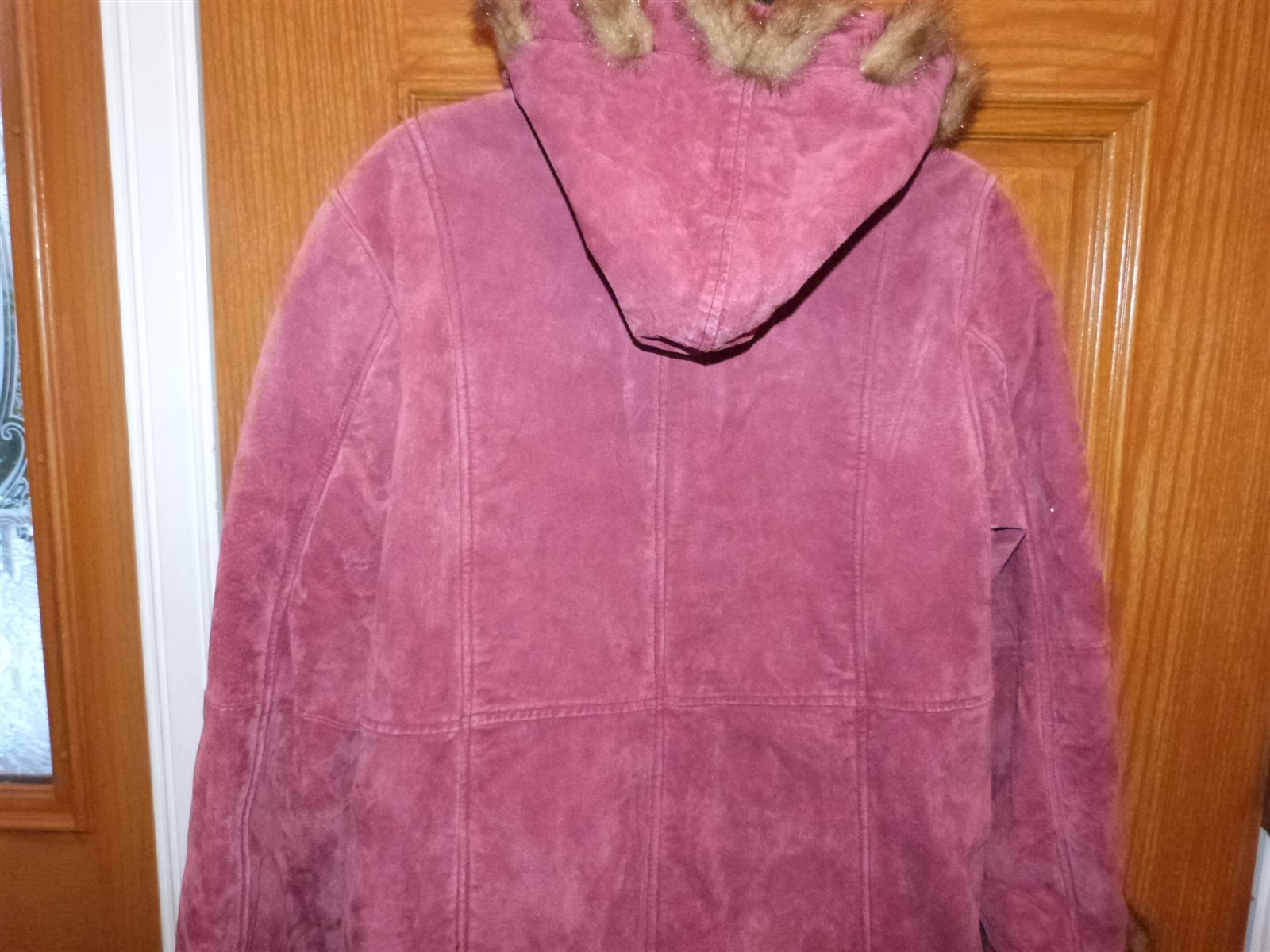 Dennis Basso suede coat vintage 1990s faux fur red Burgundy Maroon wine hood W L