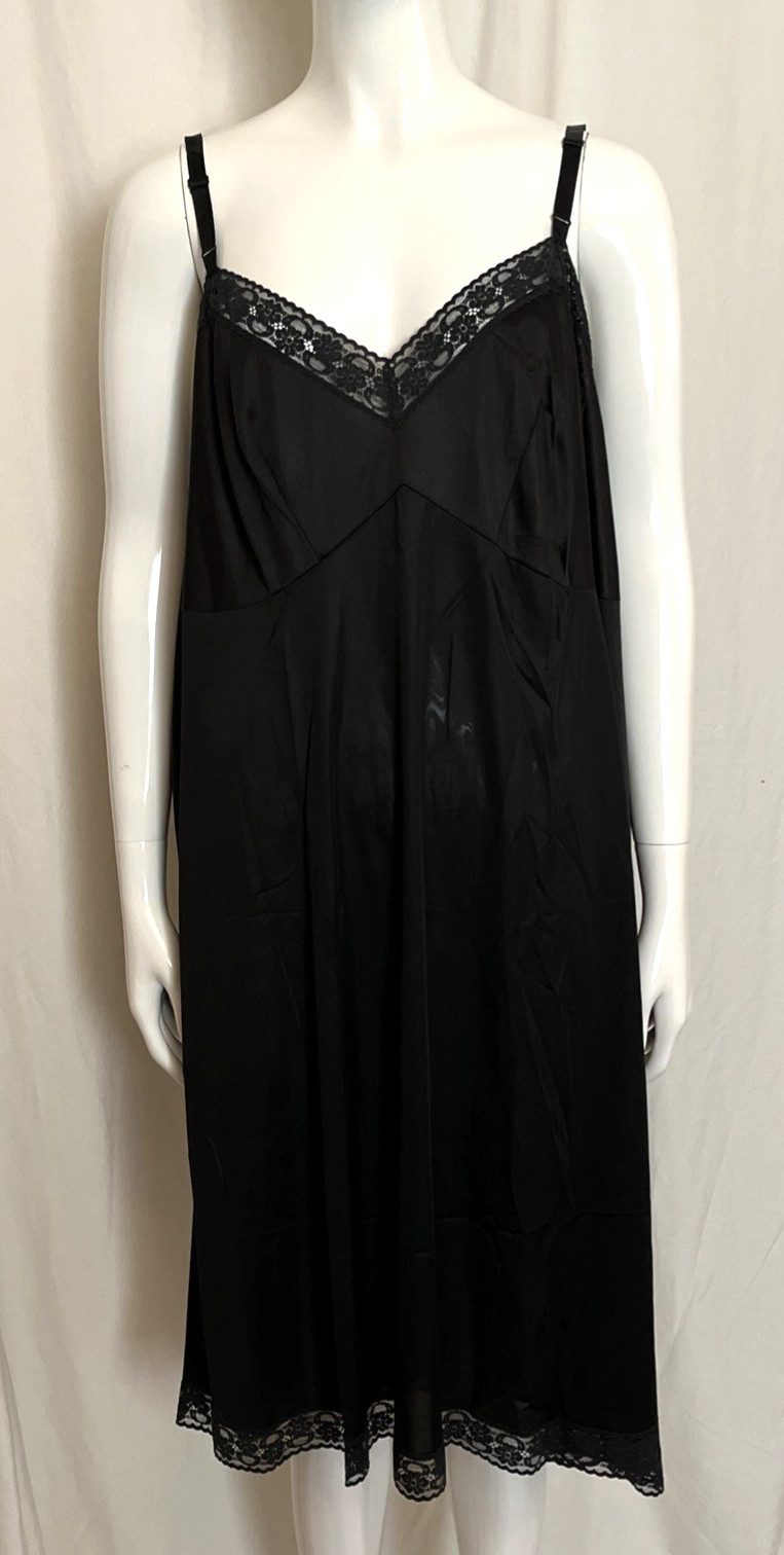 Vintage Vanity Fair Black Nylon Slip Sz 46 L Trimmed w Floral Lace at Hem/Bust