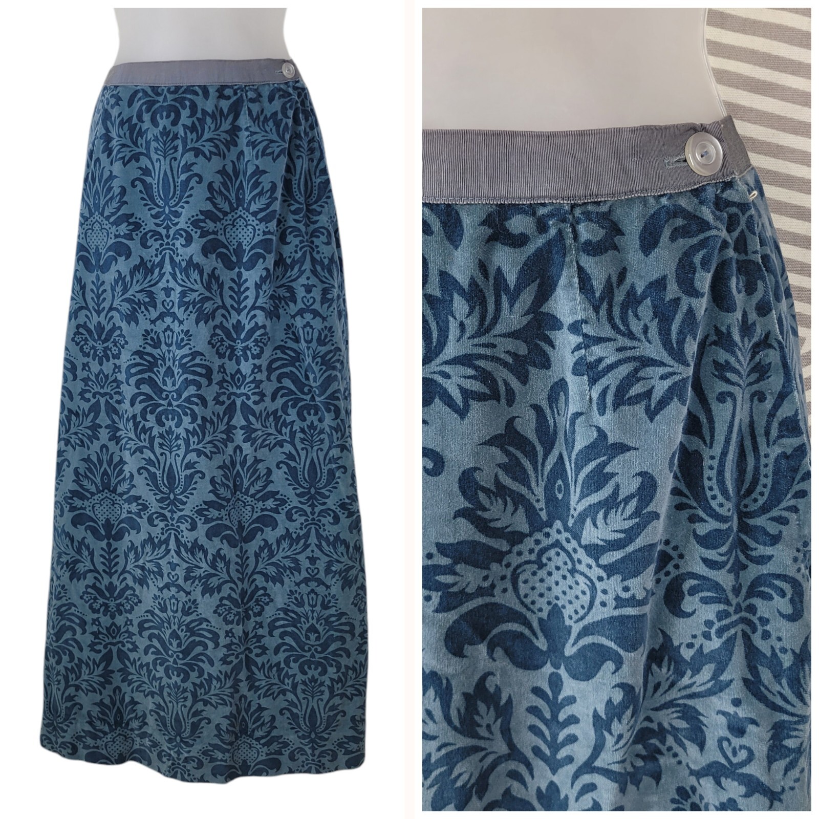 Vtg Bill Atkinson 60s Velvet Skirt Sz XS Small 25″ Waist Blue Jaquard Long Maxi