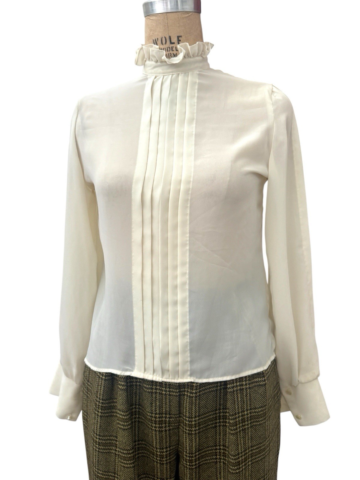 VINTAGE Cream Blouse Womens Size S Pleats Shirt Off White Back Buttons