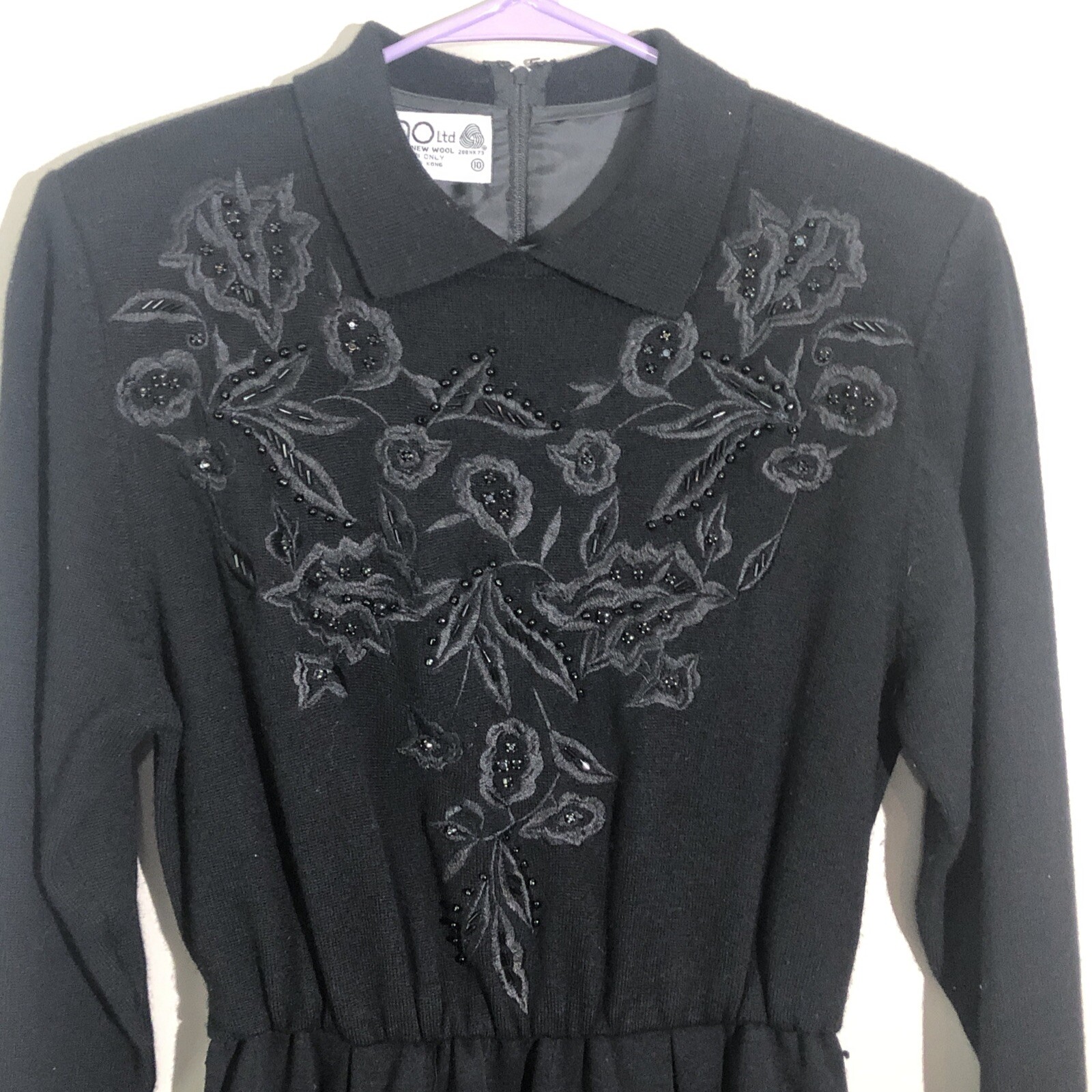 90s Vintage Wool Sweater Dress Womens 10 Floral Embroidery Beaded Belt Collar